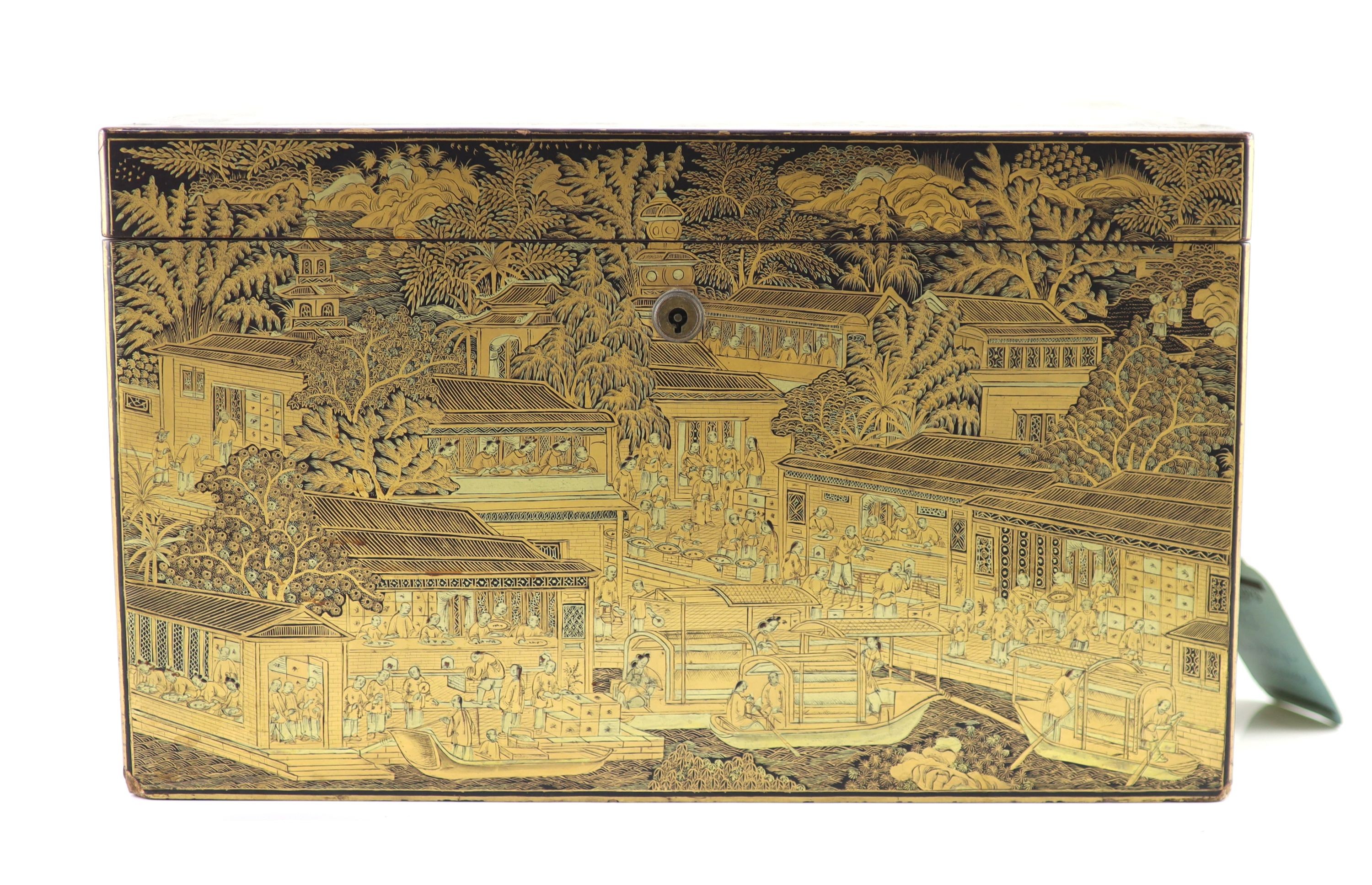 A Chinese export gilt decorated black lacquer tea chest, early 19th century, 35 cm wide, including side carrying handles